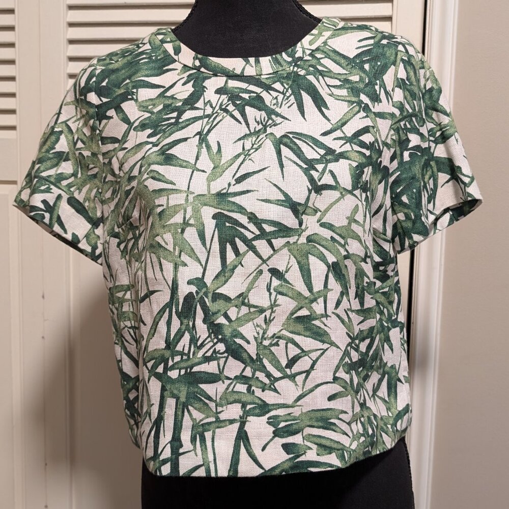 Massimo Dutti Cropped 100% Linen Bamboo Print Top Cream/Green Size 6 NWOT